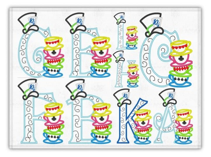 Mad hatter tea party entire alphabet – Appliqué machine embroidery design by Artapli