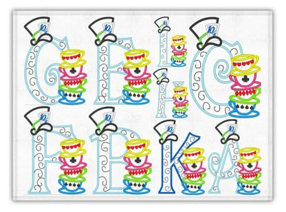 Mad hatter tea party entire alphabet – Appliqué machine embroidery design by Artapli