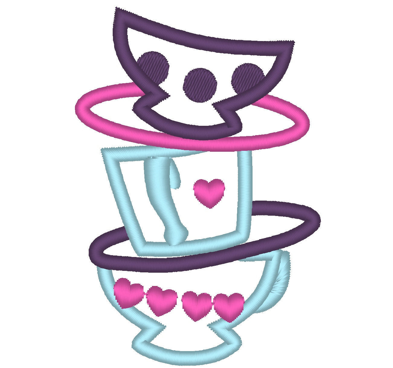 Mad Hatter tea party SET of 5 types teapot and cup stacked cups Applique machine embroidery designs
