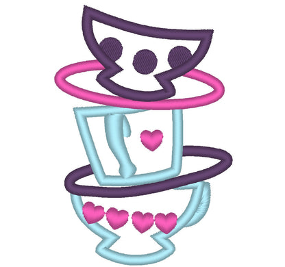 Mad Hatter tea party SET of 5 types teapot and cup stacked cups Applique machine embroidery designs