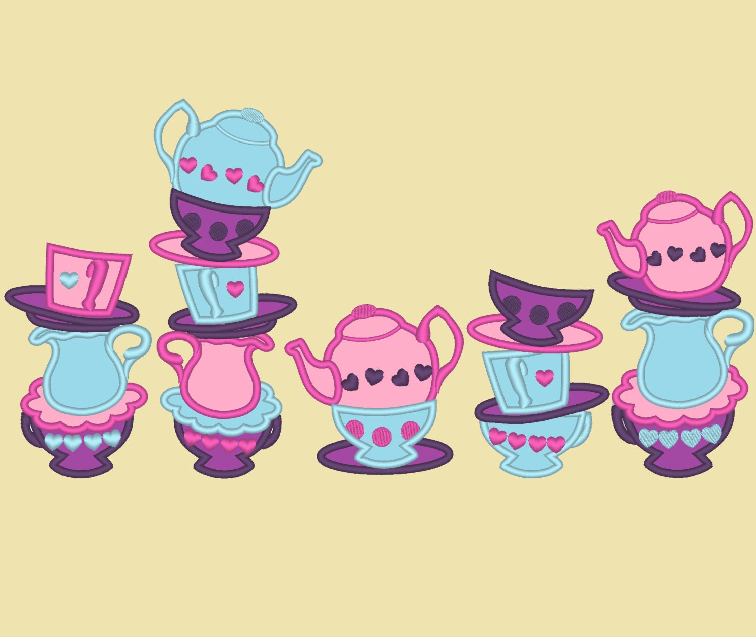 Mad Hatter tea party SET of 5 types teapot and cup stacked cups Applique machine embroidery designs