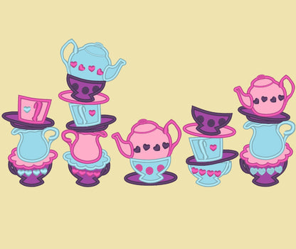 Mad Hatter tea party SET of 5 types teapot and cup stacked cups Applique machine embroidery designs