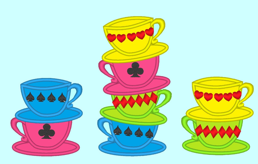 Mad Hatter Tea Party stack of teacups Applique Embroidery 3" 4" 4.5" 5" 6" 7" | PES DST JEF | Artapli