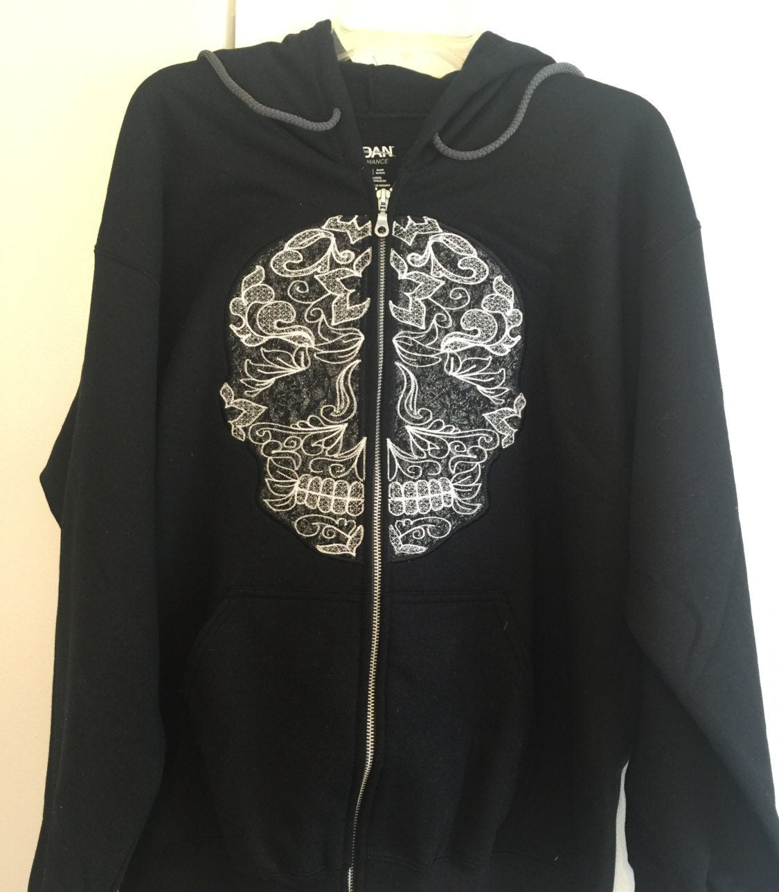 Skull lace applique split hoodie Machine embroidery applique designs