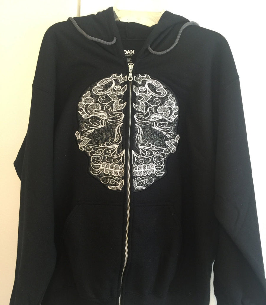 Skull lace applique split hoodie Machine embroidery applique designs