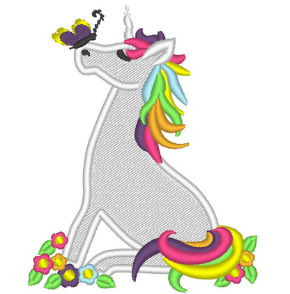Rainbow unicorn with Butterfly - applique machine embroidery designs and fill stitch design assorted sizes magic pretty horse girl