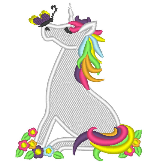 Rainbow unicorn with Butterfly - applique machine embroidery designs and fill stitch design assorted sizes magic pretty horse girl