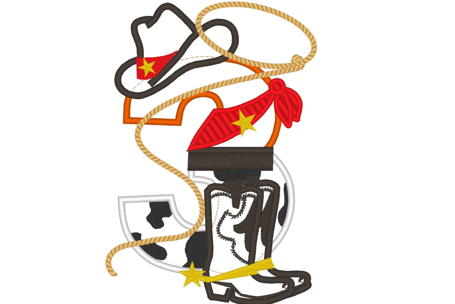 Cowboy Birthday Number - only number Three - 3 Applique Embroidery 4" 5" 7" | PES DST JEF | Artapli
