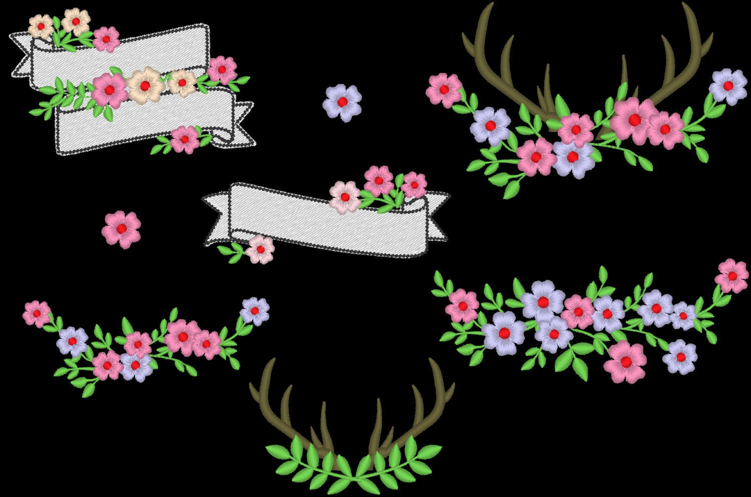 Floral Antlers Monogram Set – Embroidery Font 3" 4" 5" 6" 7" | BX PES DST JEF | Artapli
