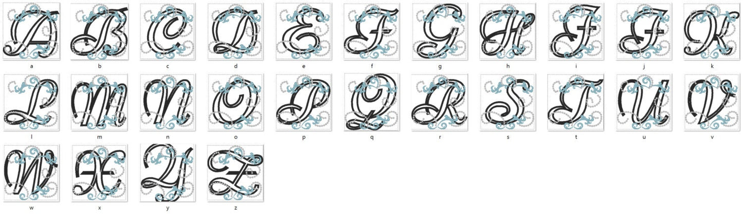 Curl Swirl Monogram Font girly alphabet Applique machine embroidery designs