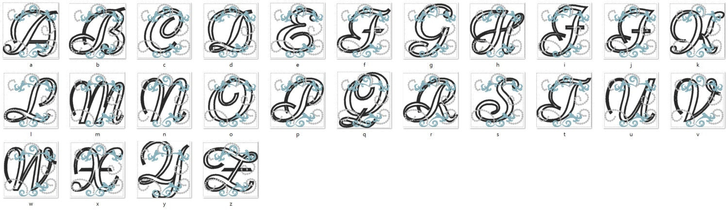 Curl Swirl Monogram Font girly alphabet Applique machine embroidery designs