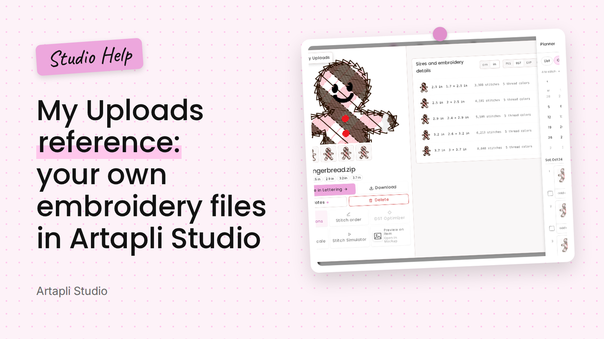 My Uploads reference: your own embroidery files in Artapli Studio
