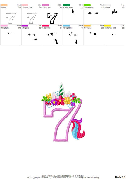 Unicorn Tail Birthday Number Seven 7